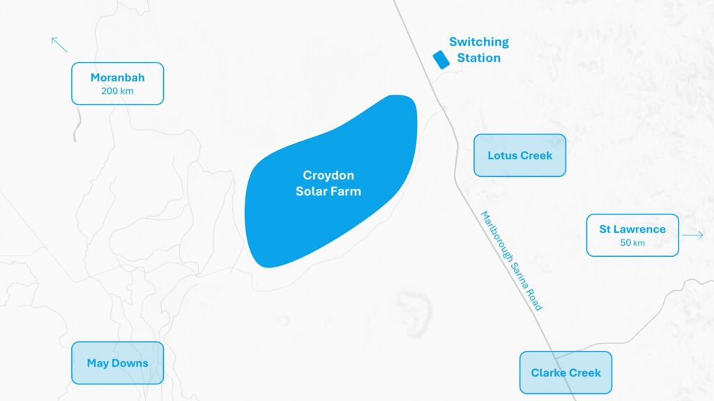 Croydon Solar Farm regional location map with nearby towns and switching station.