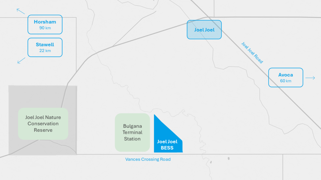 Map showing Joel Joel BESS near roads and towns.