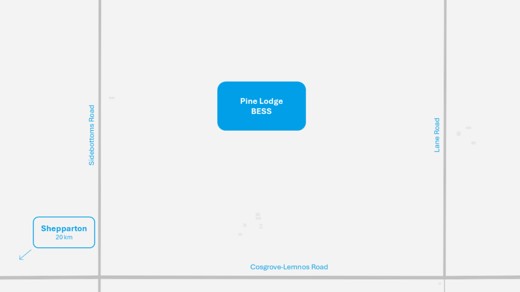 Map showing Pine Lodge BESS near roads